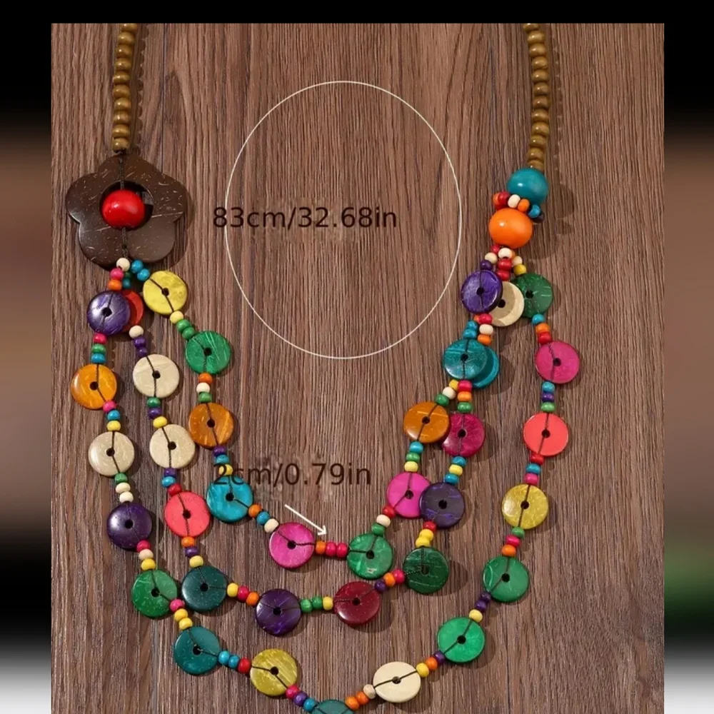 BOHO HIPPIE COLORFUL WOOD BEAD Coconut Shell FLOWER NECKLACE NP - Picture 4 of 7
